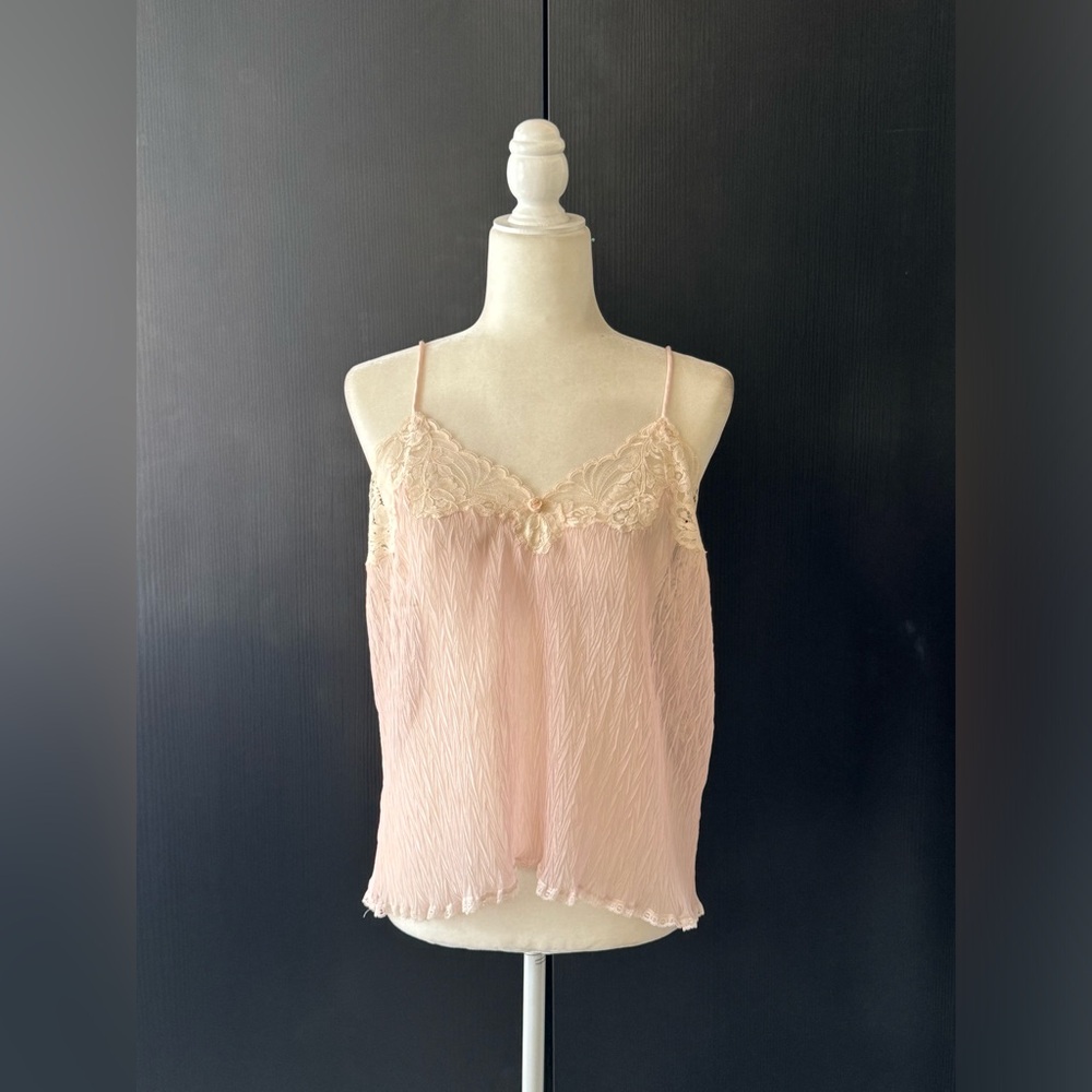 VTG Vintage Christian Dior Pink Crinkle Lace Sleepwear Camisole Chiffon Top XL